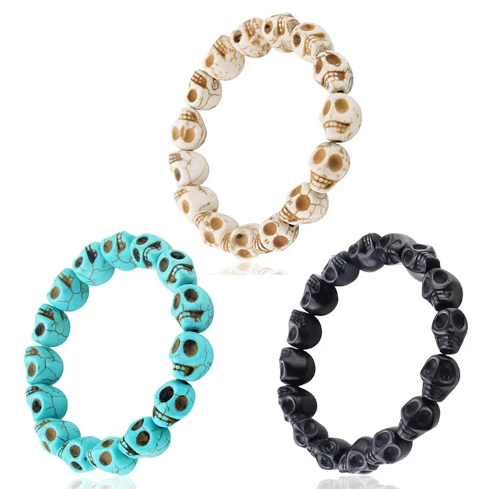 Тибетский молитвенный красочный Howlite окрашенные Скелет бисерный браслет с черепом, эластичный, унисекс - Окраска металла: White Black Turquois