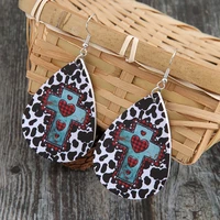 2022 valentine%e2%80%99s day new jewelry love heart cross cow pattern print leather water drop earrings for girls gift wholesale