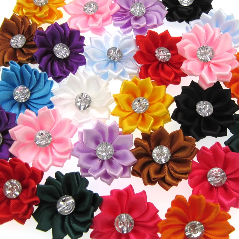 12 шт. Зеленая атласная лента цветы с Стразы многослойная ткань Аппликации