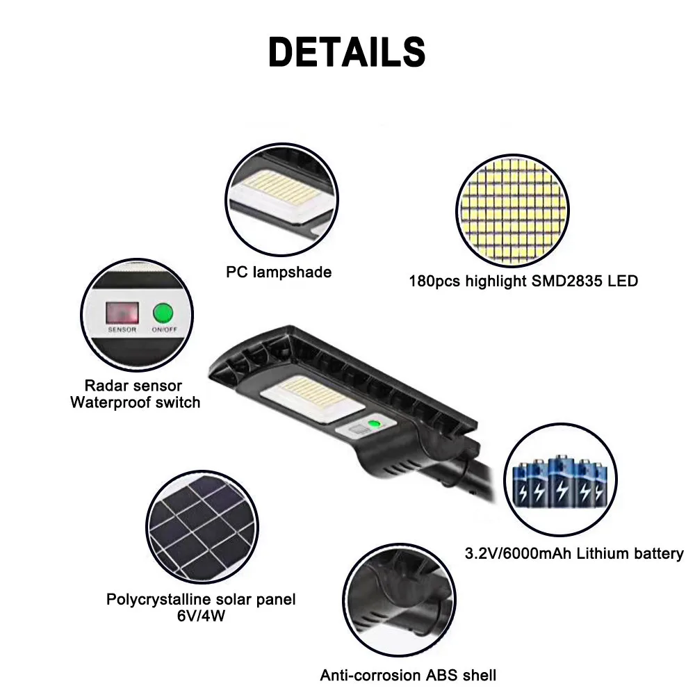 Уличный светильник 180LED с солнечным радарным датчиком наружный 3 2 в/6000 мАч