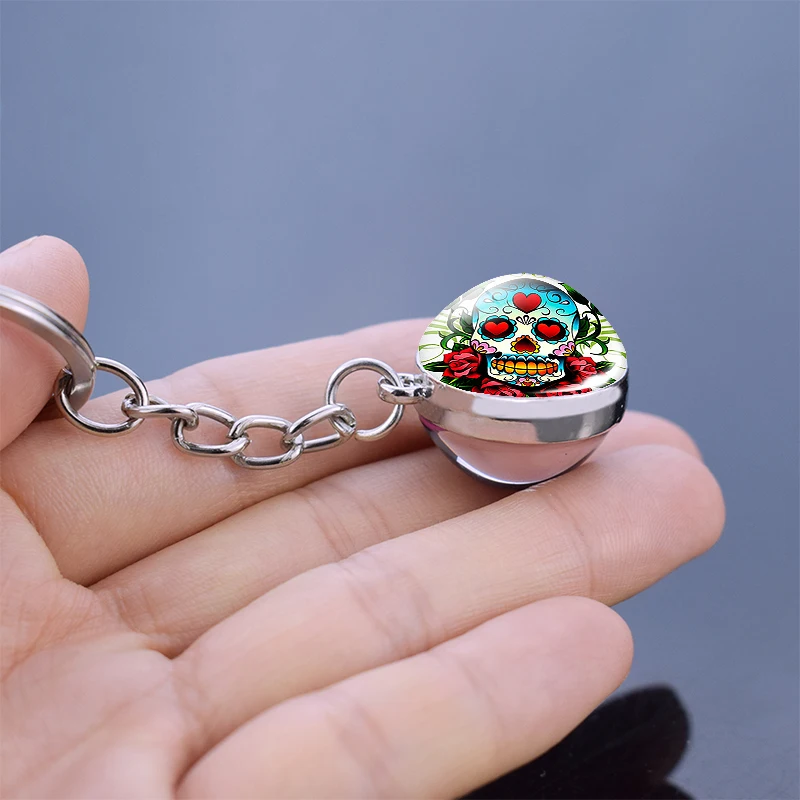 Flower Sugar Skull Keychain Head Glass Ball Key Chains Jewelry for Men Women Christmas Gifts Dropshipping | Украшения и