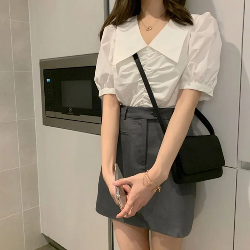 

Solid Color Women Puff Sleeve Short-sleeved Shirt Female Design V-neck Top Summer Girl Pullver Shirt