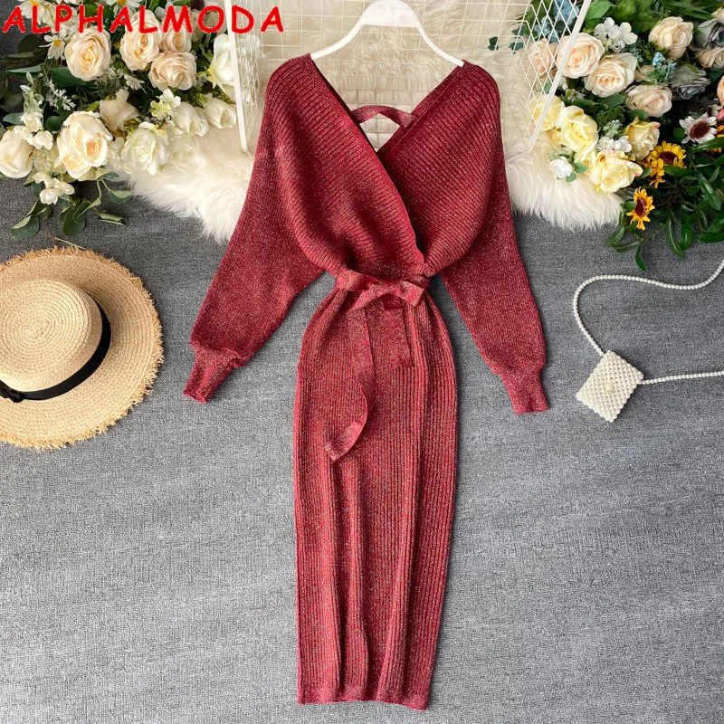 ALPHALMODA яркое шелковое трикотажное платье с рукавом летучая мышь женское осенне