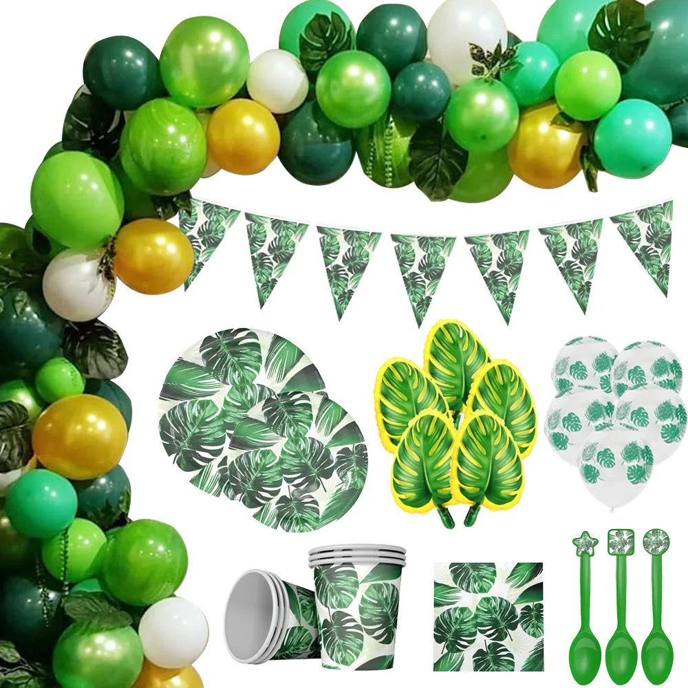 Летняя тропическая одноразовая посуда зеленая Пальмовая бумага с Фламинго