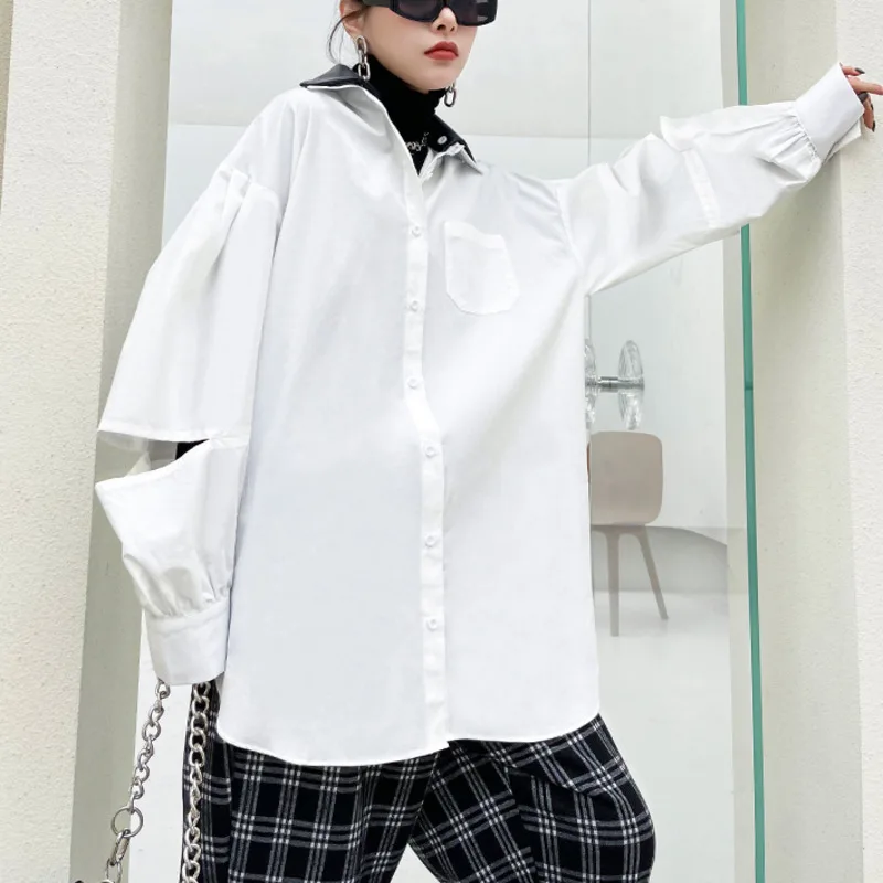 

XUXI Spring Autumn 2021 Women Shirt Fashion Cotton PU Long Sleeve Thin Blouse Streetwear Temperament Puff Sleeve Chemise FZ3521