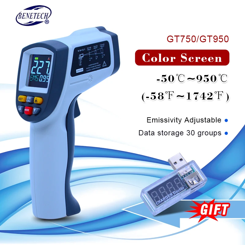 BENETECH цифровой лазерный термометр-50~ 750/950C Бесконтактный лазерный измеритель температуры пирометр ИК точечный пистолет цветной экран