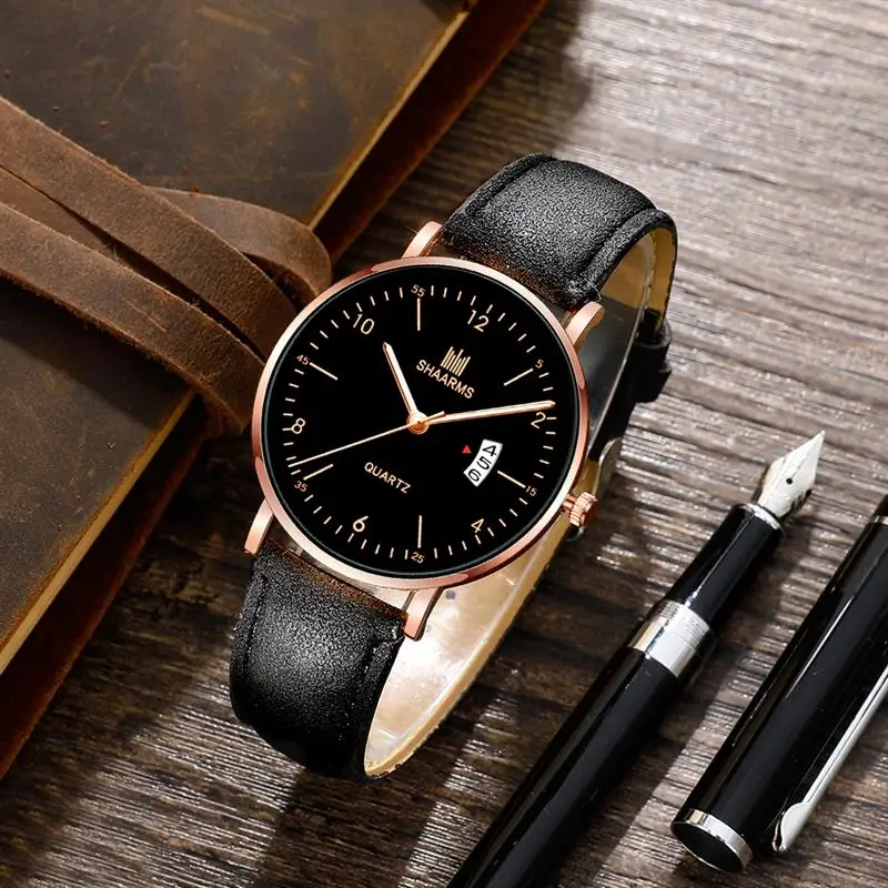 Модные мужские наручные часы с черным кожаным ремешком из нержавеющей стали