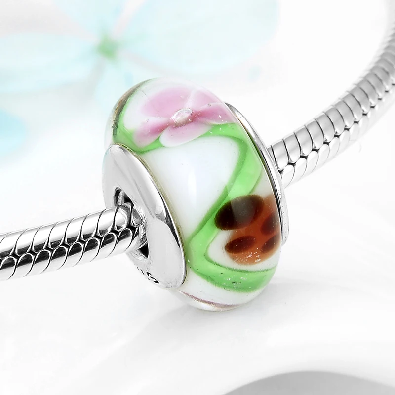 Стерлинговое Серебро 925 пробы цветок Божья коровка яркие муранские стеклянные