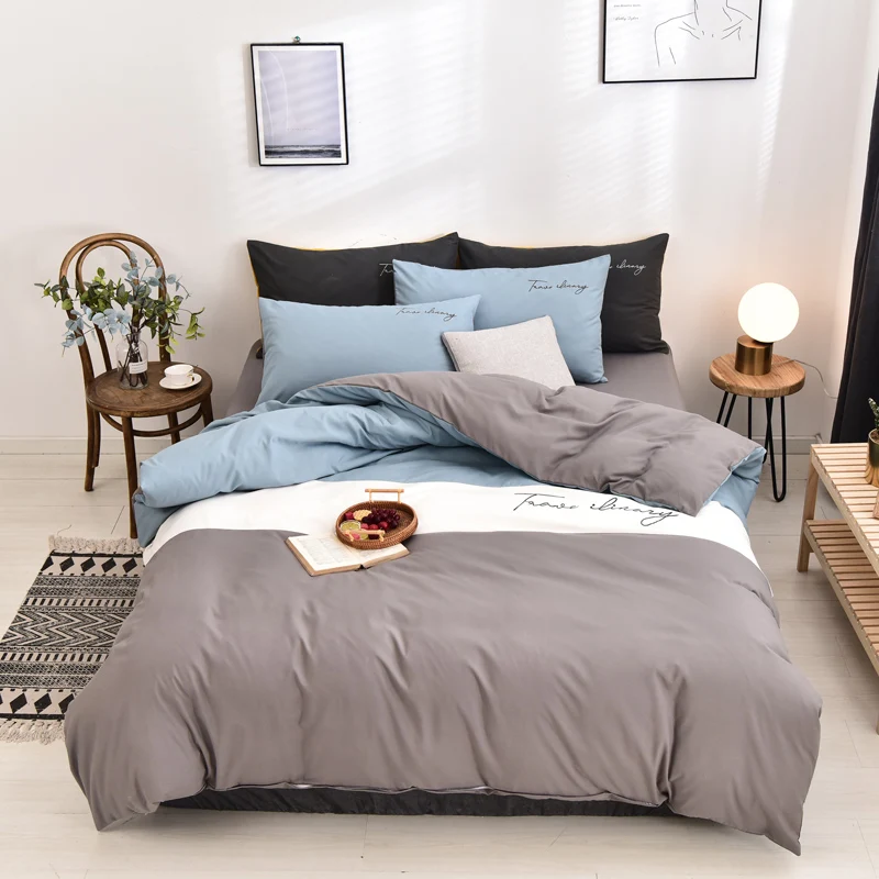 

4pcs Patchwork Striped Bedding Set Nordic Wash Cotton Splice Color Embroidery Duvet Cover Queen King 220x240 Simple Quilt Covers