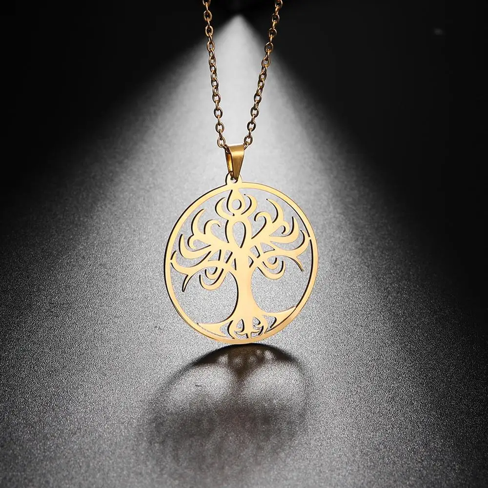 

LIKGREAT Tree of Life Pendant Necklace for Women Stainless Steel Round Hollow Out Charm Necklace Link Chain Fashion Jewelry Gift
