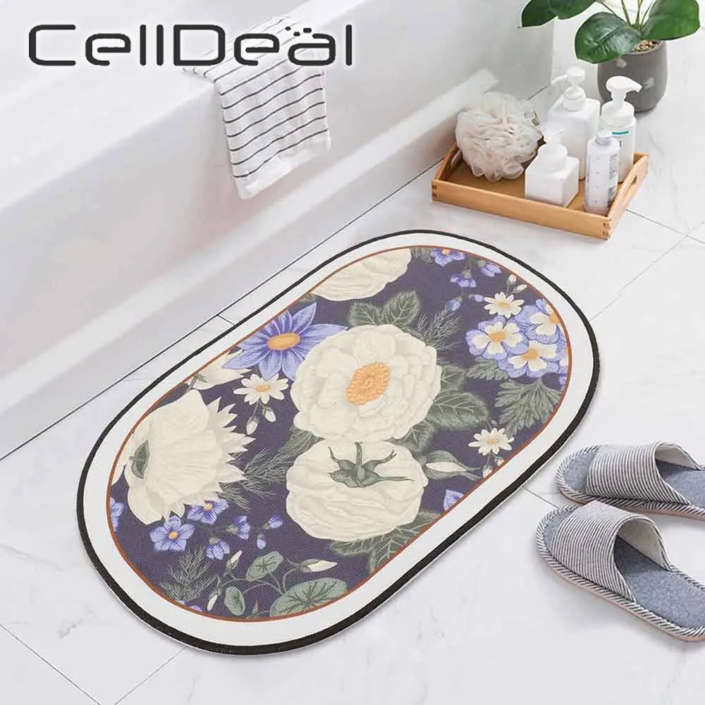 

Anti-slip Bathroom Mat Oval Flower Print Absorb Water Floor Rug Shower Room Entrance Doormat Bathtub Side Carpet Home Décor