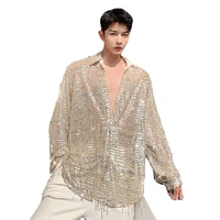men see through long sleeve casual tassel sequins shirt male retro fashion streetwear loose dress shirts stage show clothing