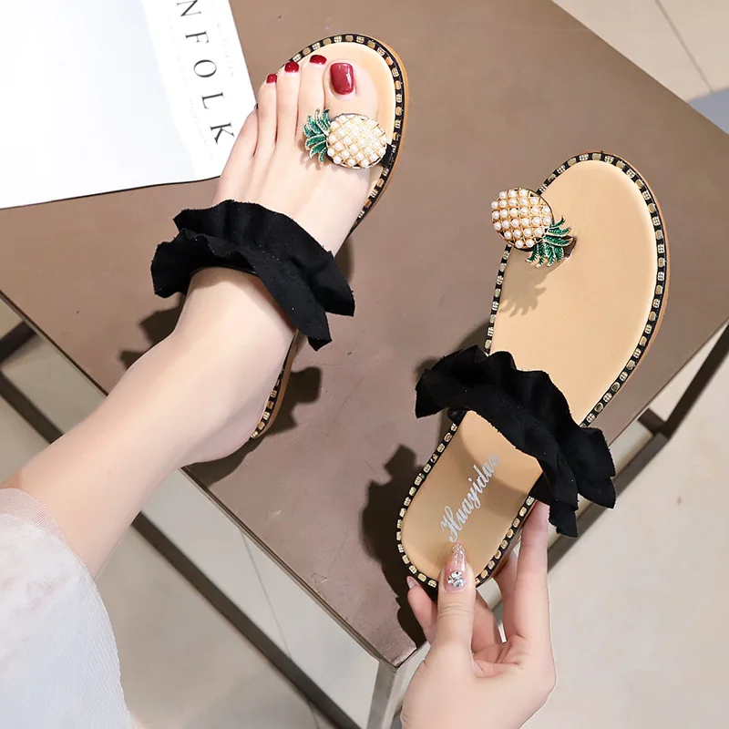 

Fairy Beads Pineapple Slippers High Heel Shoes Women Sandals Split Toe Shoes Slippers Pearl Strappy Flip Flops Women 2020