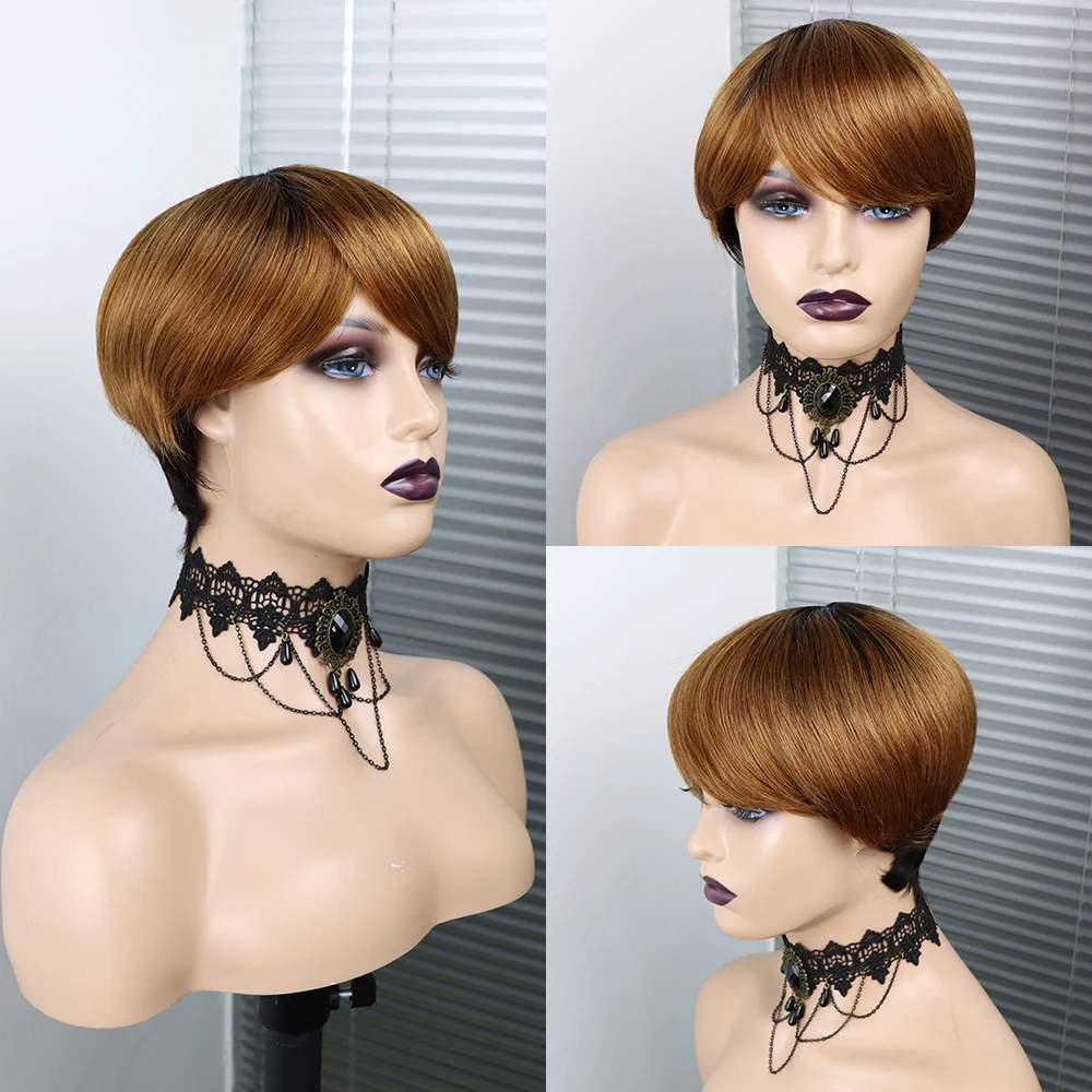 

Short Pixie Cut Human Hair Wig with Bangs Highlight Honey Blonde Ombre Color Brown Burgundy Black Cheap Straight Human Hair Wigs