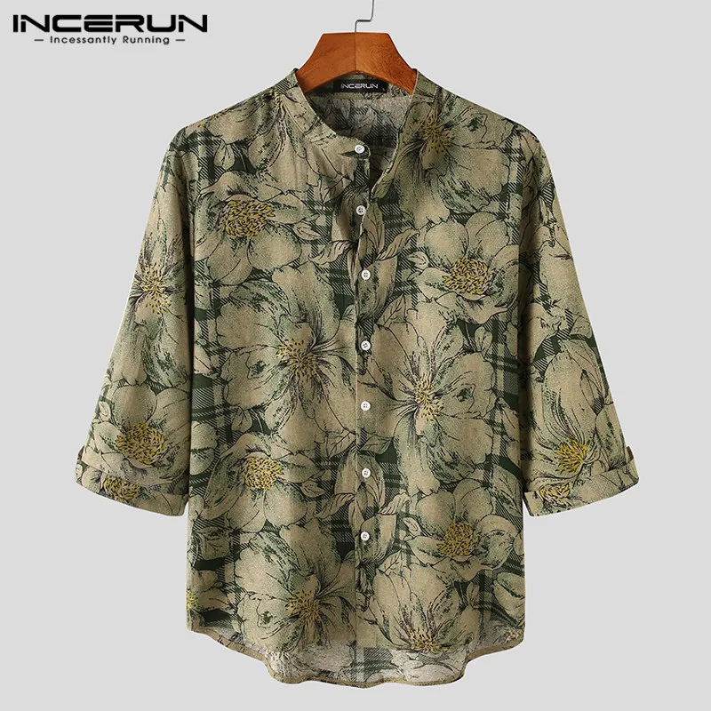 

Men Printed Shirts 3/4 Sleeve Stand Collar Blouse INCERUN Vintage Buttons Floral Camisa Man Casual Cotton Shirts Masculina S-3XL