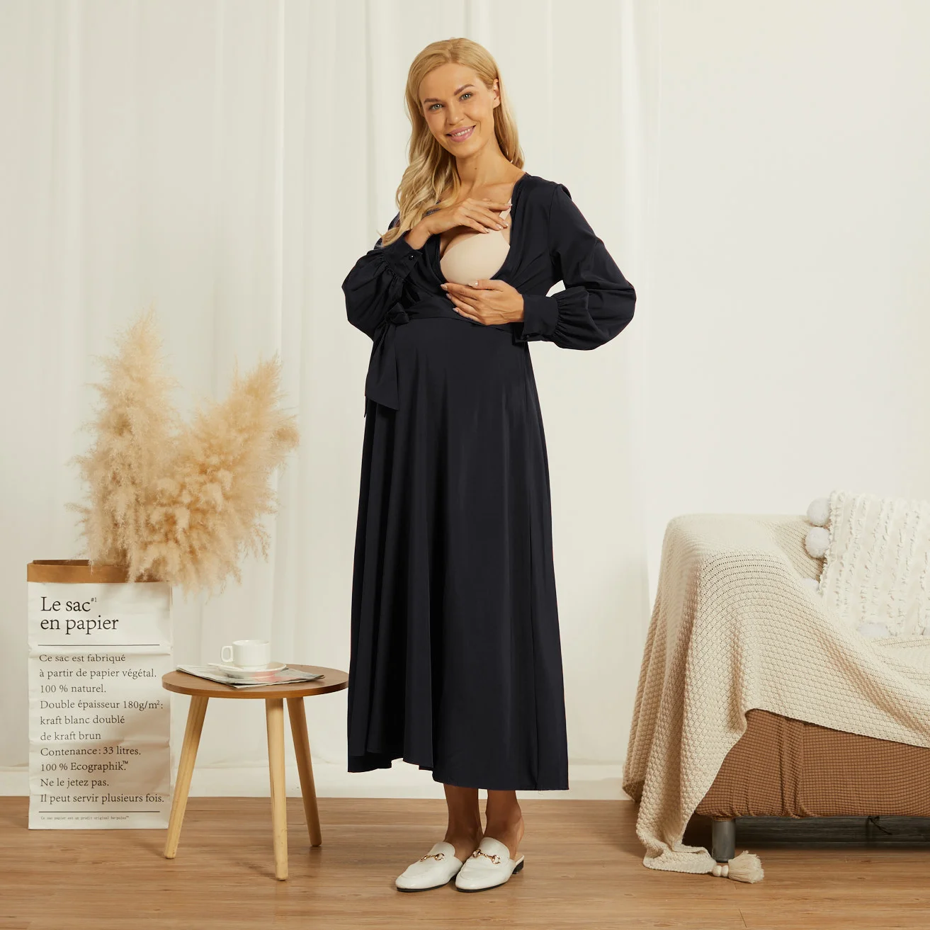 

PatPat 2021 New ArrivalMaternity V-neck Plain Blue Knee length Long-sleeve Nursing Dress