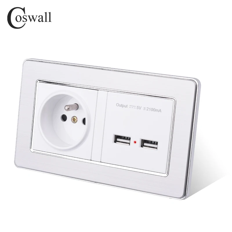 COSWALL настенная розетка, французский стандарт, розетка с двумя USB, умный индукционный порт зарядки, 5 В, 2.1A выход, панель из нержавеющей стали