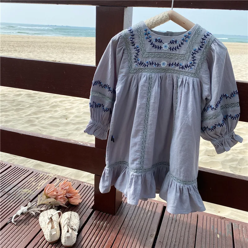 

High-end Cotton Embroidery Baby Girls Princess Dress 2021 New Spring Korean Style Kids Costumes Lantern Sleeve Children Dresses