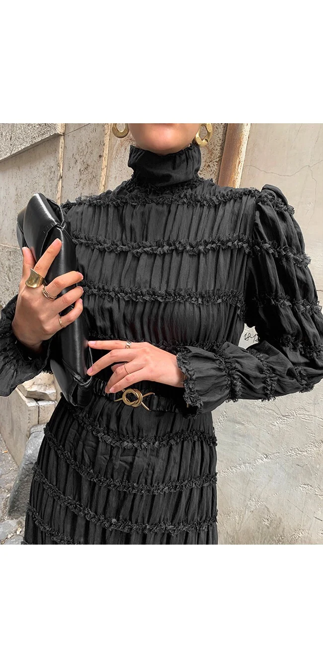 

Flare Sleeve Vestidos Solid Color Pleated Dresses With Belt Chic Lace Patchwork Slim Waist Women Dress Turtleneck