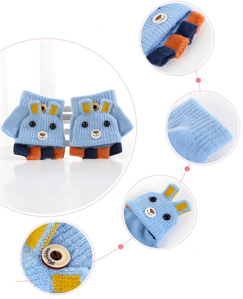 Вязаные перчатки зимние теплые детские толстые с объемными ушками и героями