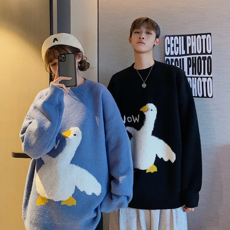 

Japanese Sweet Cartoon Goose Printed Knitted Sweater Plus Size Women Winter Korean Casual O Neck Pullover Oversize Couple Outfit