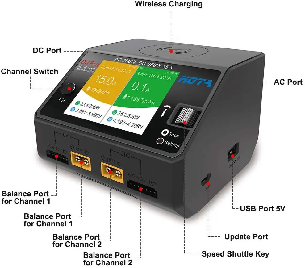 HOTA D6 Pro умное зарядное устройство AC200W DC650W 15A для Lipo LiIon NiMH батареи с iPhone samsung беспроводной зарядки