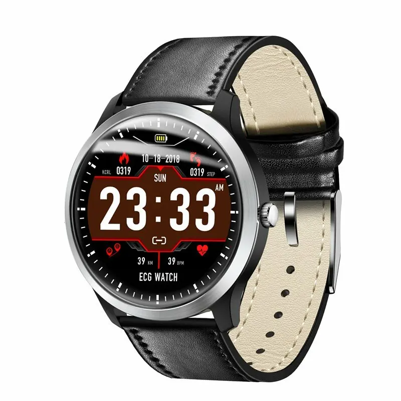

N58 ECG EKG Display HR Sleep Monitor 3D UI Multi-sport Fitness Tracker Leather Strap Smart Watch