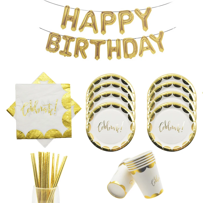 

Foil Gold Disposable tableware paper plates Straws Napkins Celebrate Happy Birthday party supplies for Lace wedding decoration