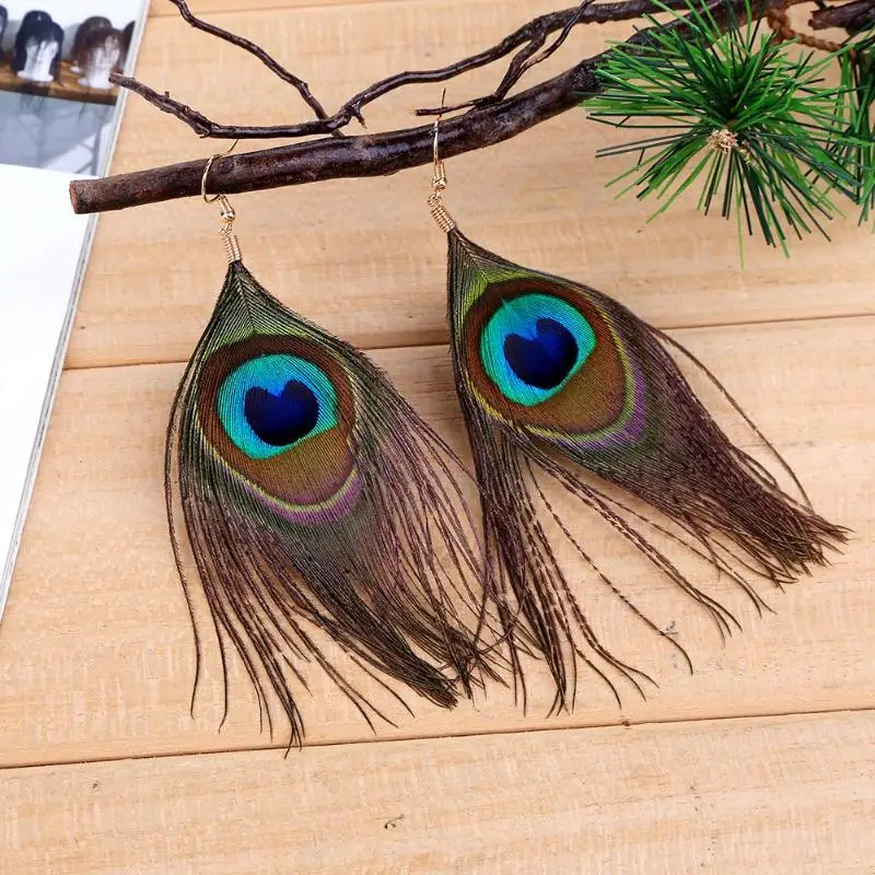 Винтажные длинные серьги с кисточками женское туристическое модное перо павлина