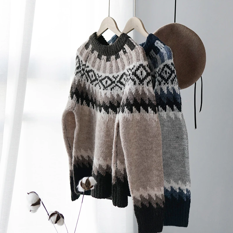 Женские зимние Джемперы винтажный свитер с геометрическим узором стиль бохо
