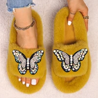 flip flop slippers butterfly decor faux fur fuzzy slides plush outdoor sandals fluffy slippers high quality designer shoes 2022