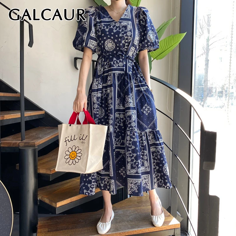 Платье миди женское оверсайз с V образным вырезом и рукавами фонариками|Женские