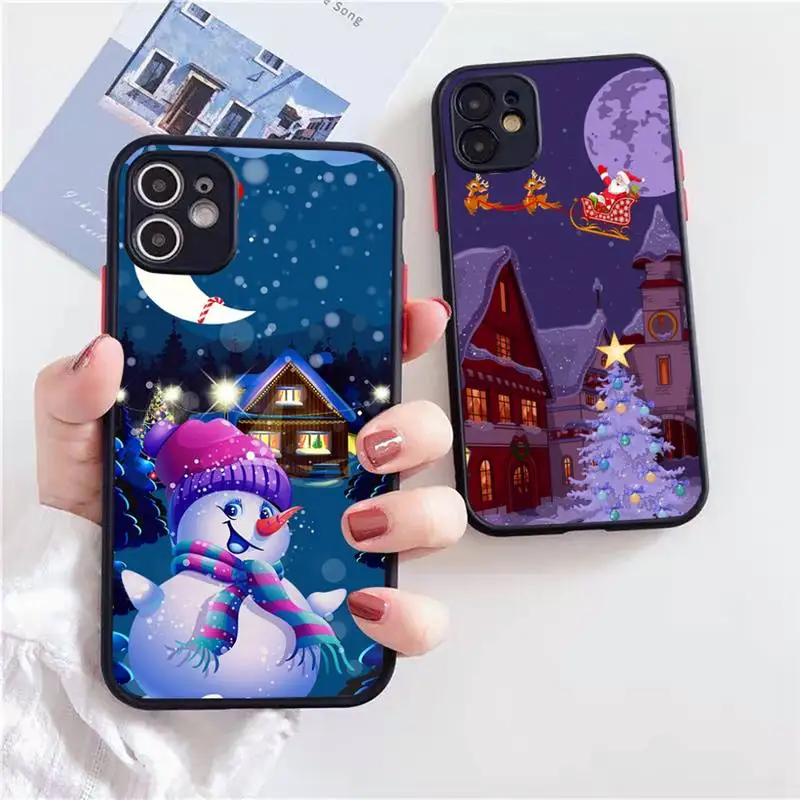 

Cartoon Merry Christmas Phone Case Matte Transparent for iPhone 7 8 11 12 s mini pro X XS XR MAX Plus Clear mobile bag coque