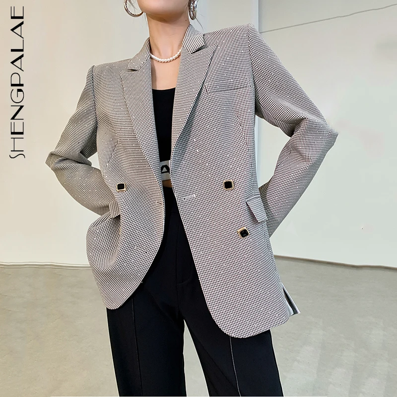 

SHENGPALAE Fashion Plaid Hot Drill Blazer Women's Autumn 2021 New Notched Loose Double Breasted Long Sleeve Suit Jacket Female