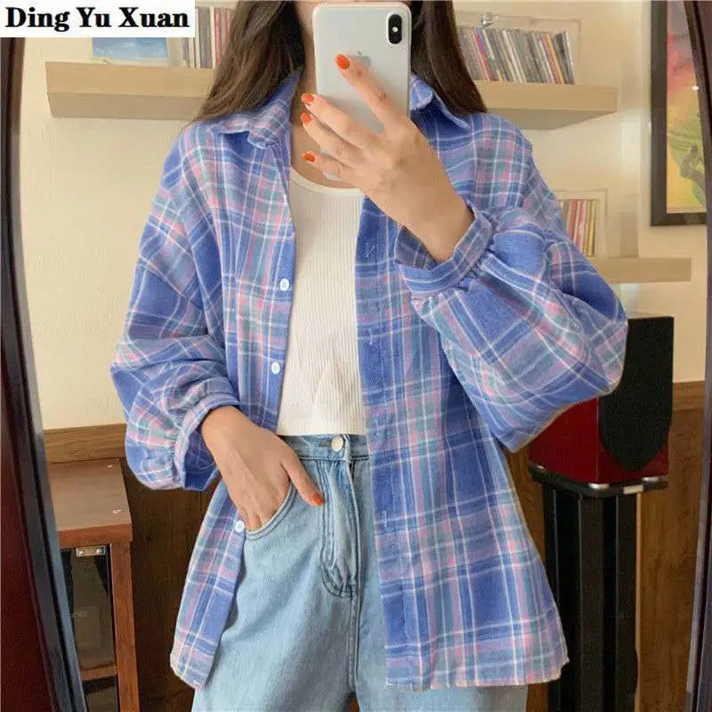 

Women Plaid Shirt Streetwear Loose Checked Blouse Long Sleeve Female Casual Print Shirts Cotton Tops Outwear Spring Fall Blusas