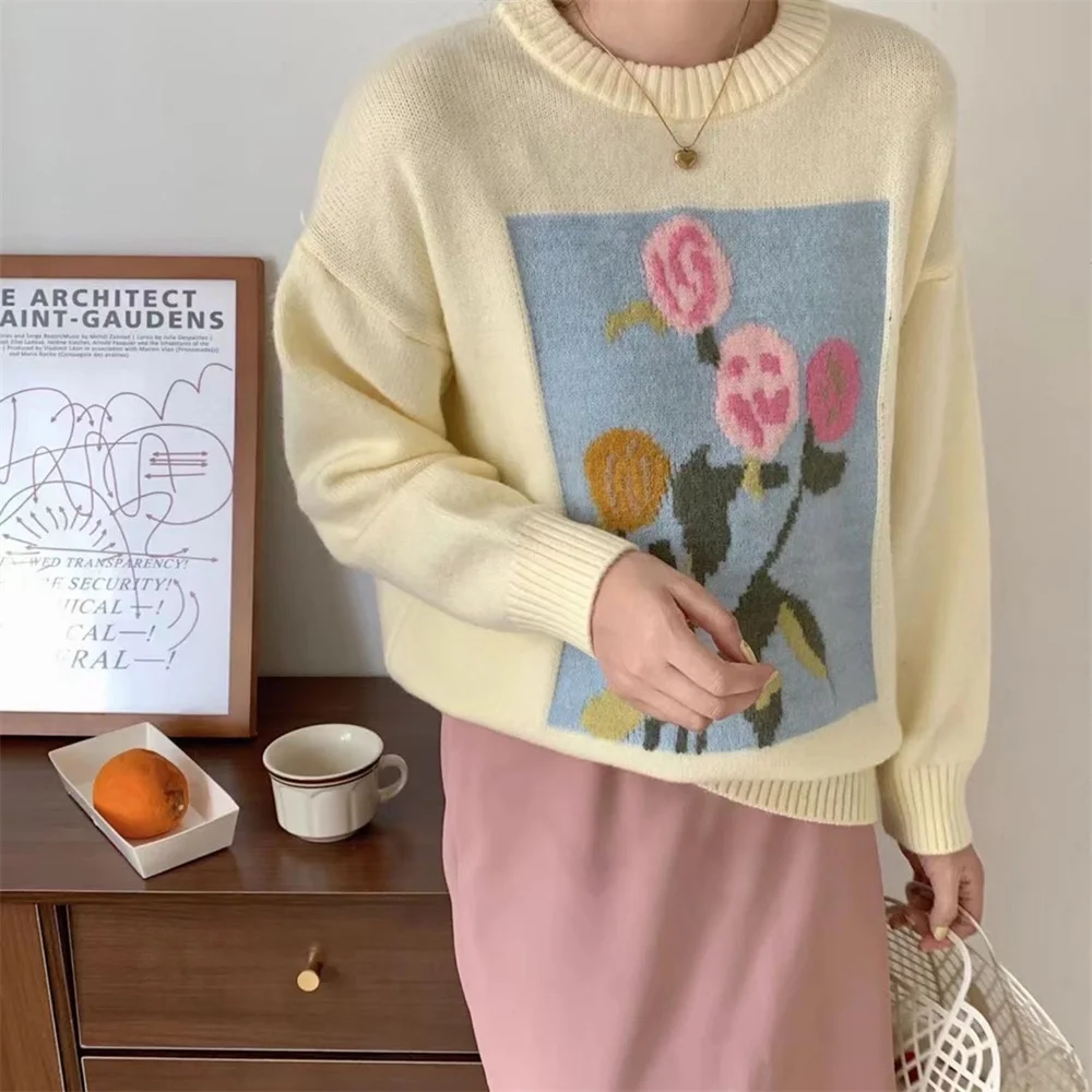 

Harajuku Women Sweaters Flowers Outwear Hot Patchwork Pullover 2022 Elegant Loose Stylish Warm Knitted OL Casual Jumpers