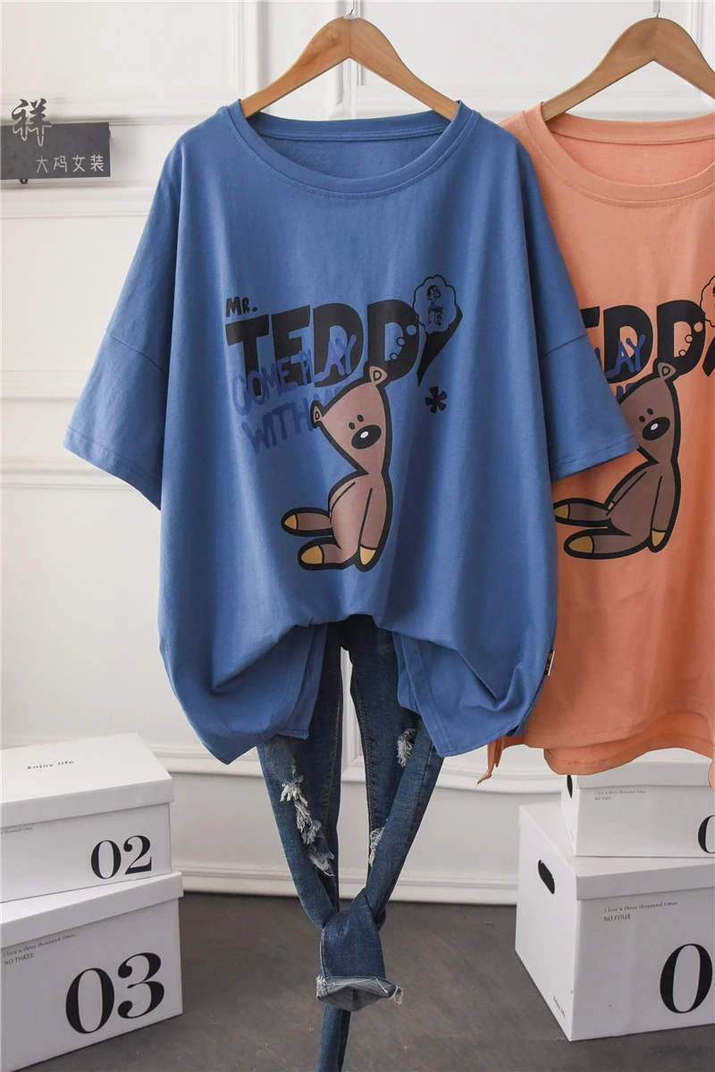 

Large Size Slimming T-shirt Women's Short Sleeve Summer Round Neck Loose Half Sleeve Cartoon Printed Woman Tshirts Tops