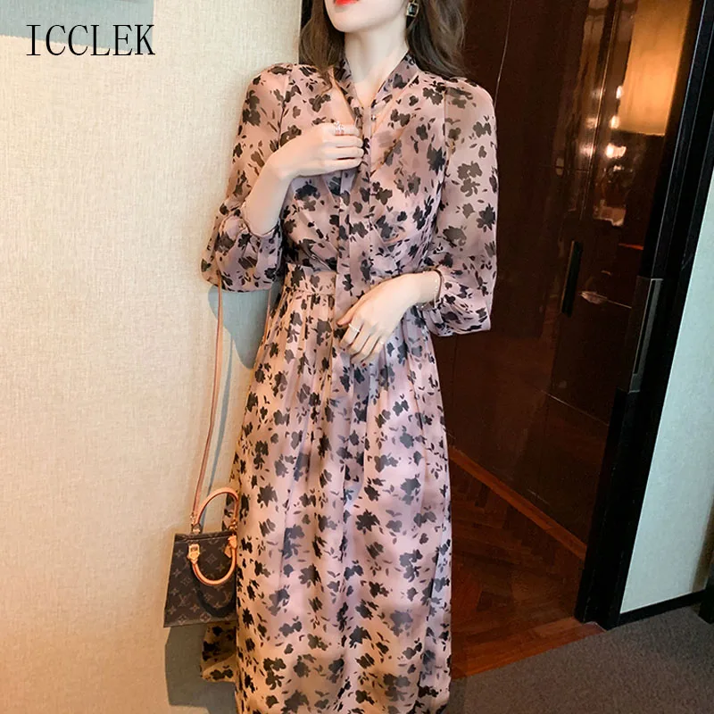 

Женское шифоновое платье-миди, с V-образным вырезом и цветочным принтом, повседневное, цельное, в Корейском стиле, весна-лето, 2021