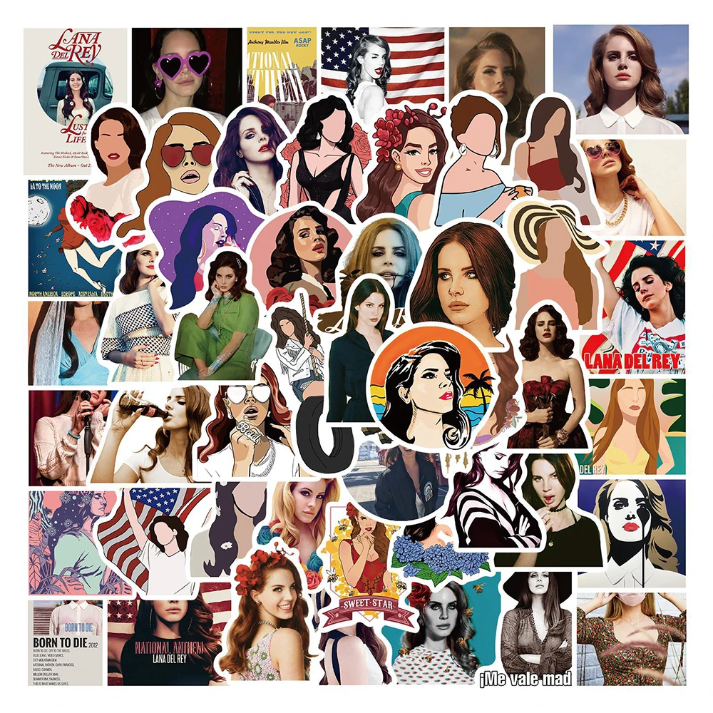 Pegatinas de Singer Lana Del Rey para ni&ntilde;os, pegatinas de bricolaje para coche, guitarra, tel&eacute;fono, motocicleta, port&aacute;til, nevera, impermeable, grafiti, pegatina de juguete, 10/30/50 Uds.-0