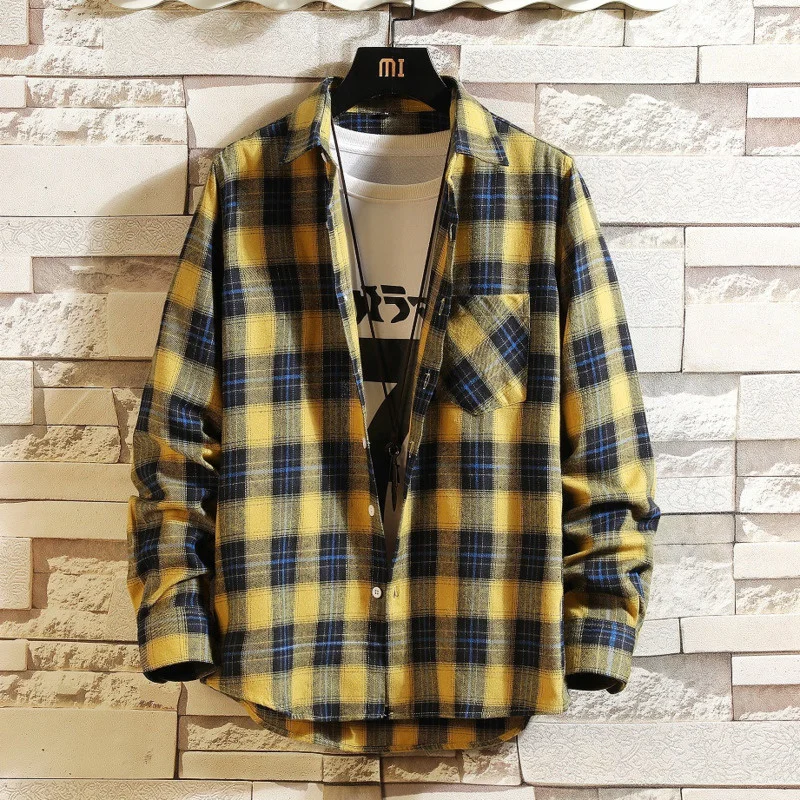 

Fashion Khaki Plaid Shirt Men's 2021 Autumn Korean Long Sleeve Button Up Tops Casual Shirt Harajuku Couples camisas de hombre