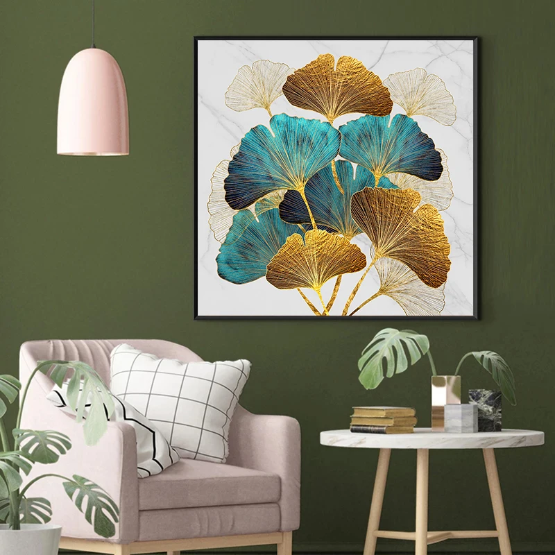 

Green Golden Plant Leaf Painting Abstract Poster Nordic Canvas Print Modern Wall Art Picture Bedroom Gallery Entrance Decoration