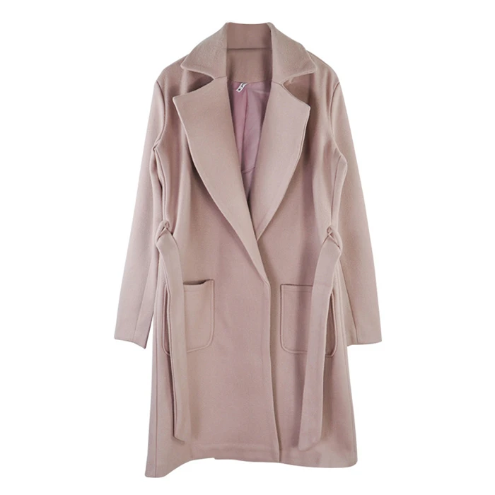 elegant Long Women's coat lapel 2 pockets belted Jackets solid color coats Female Outerwear