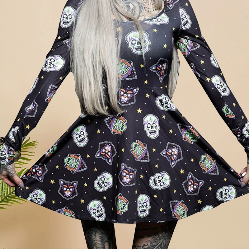 

Halloween Classic Vintage Dress Autumn Winter Skull Head Printed Long Sleeve O Neck Women Dresses Gothic Party Dress