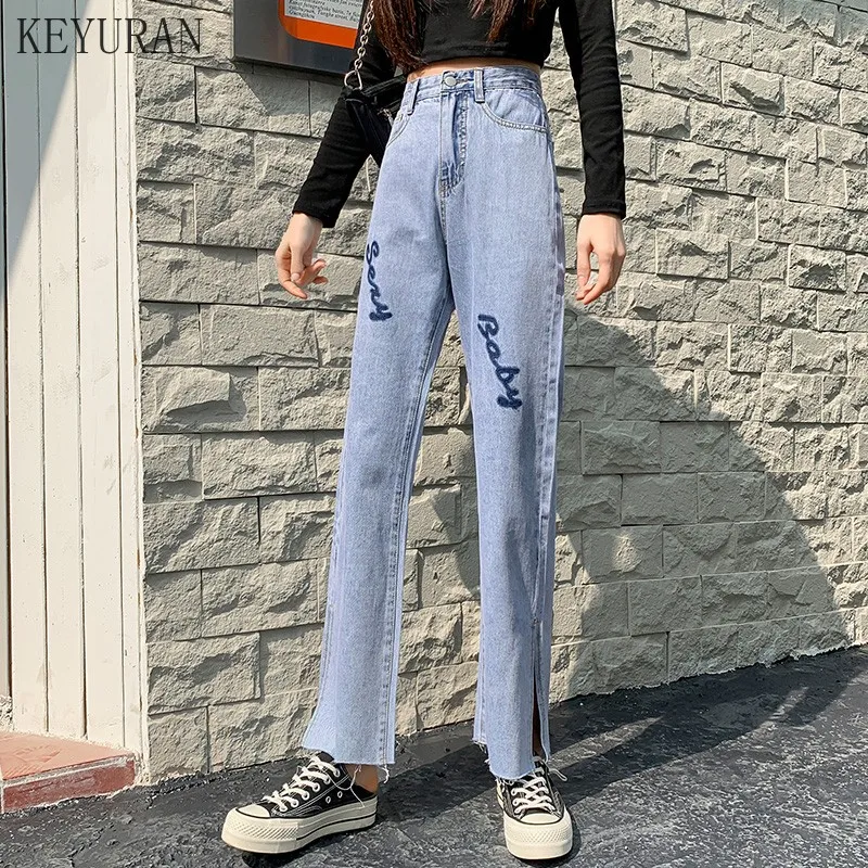 

Women's Straight Leg Jeans Women High Waist Loose 2021 Summer Letter Print Casual Split Washed Denim Pants Mom Fashion Trousers