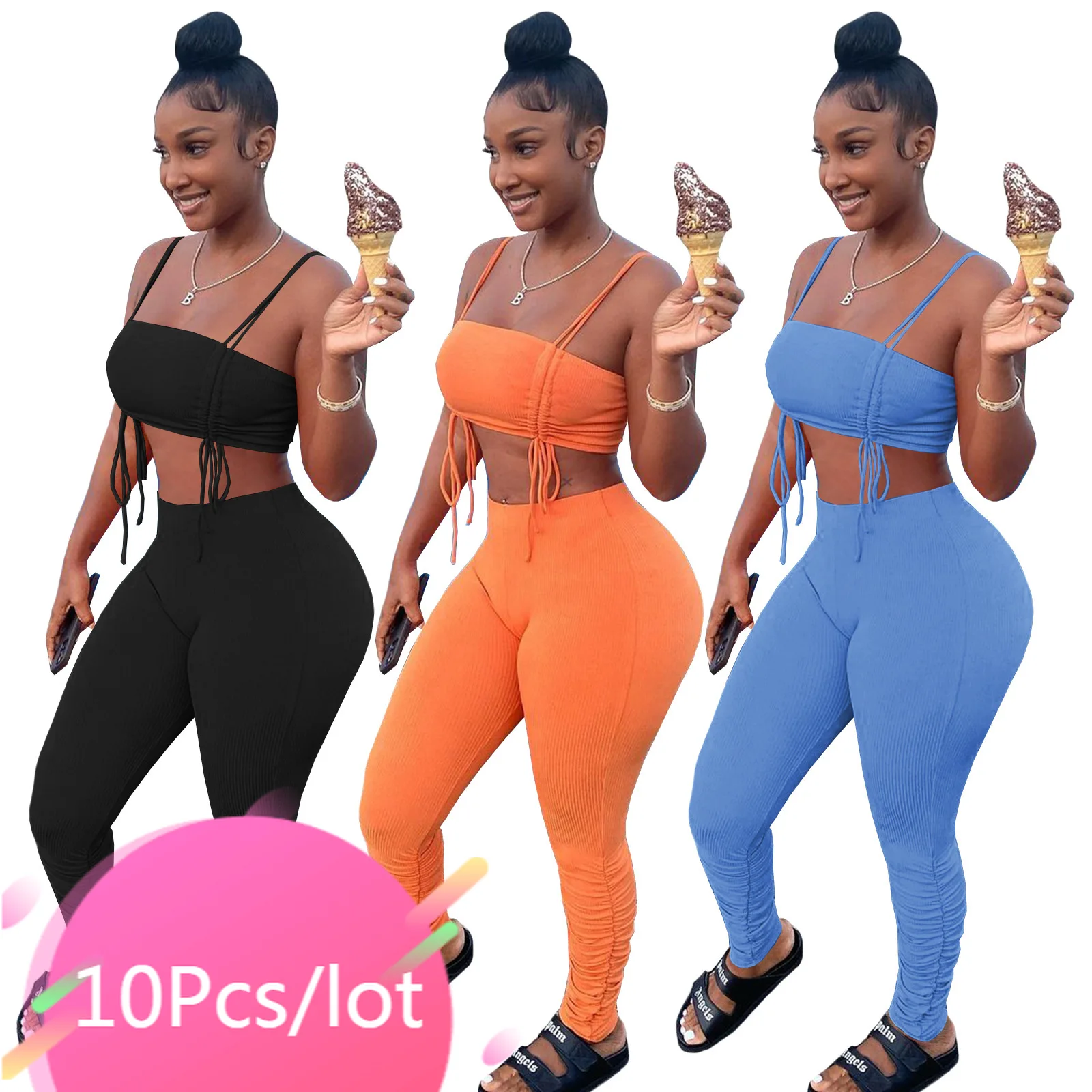 

Bulk Items Wholesale Lots Two Piece Sets Casual Solid Drawstring Crop Top Stacked Pants Fitness Tracksuits Summer Matching Set