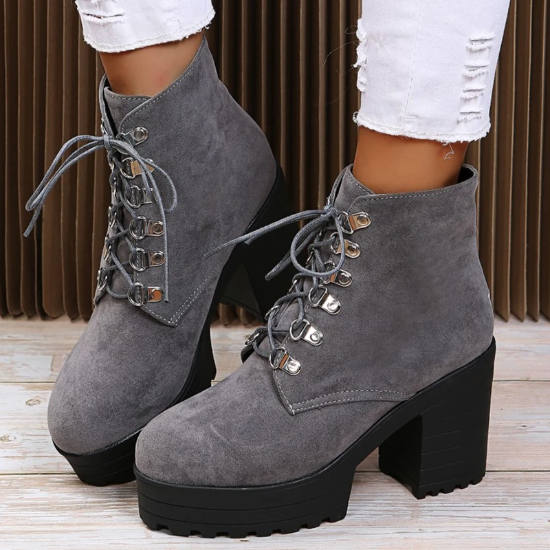 

SIMLOVEYO Hot Sale Platform High Heels Women's Boots Fashion Party Dress Block Heels Autumn 43 Walking Ladies Shoes Lace Up