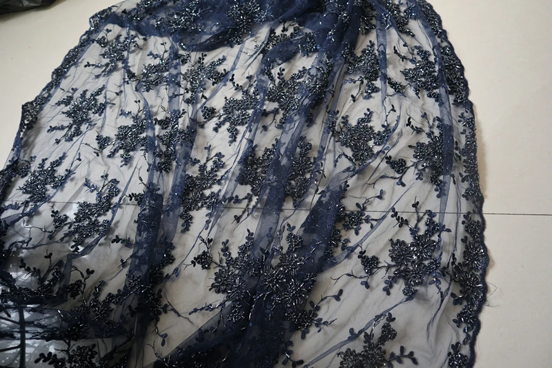 1 ярд Высококачественная темно-синяя ткань с крупным бисером синяя вышитая для