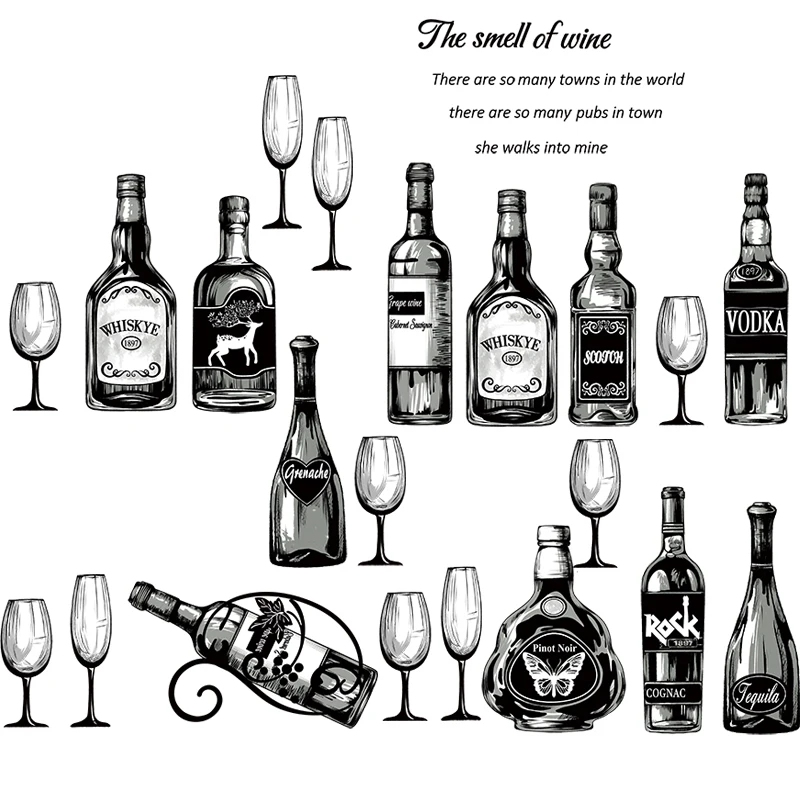 

Creative Wine Bottle Wall Stickers Restaurant Kitchen Art Wall Decals Room Decoration Self Adhesive Wallpaper Mural Paper PVC