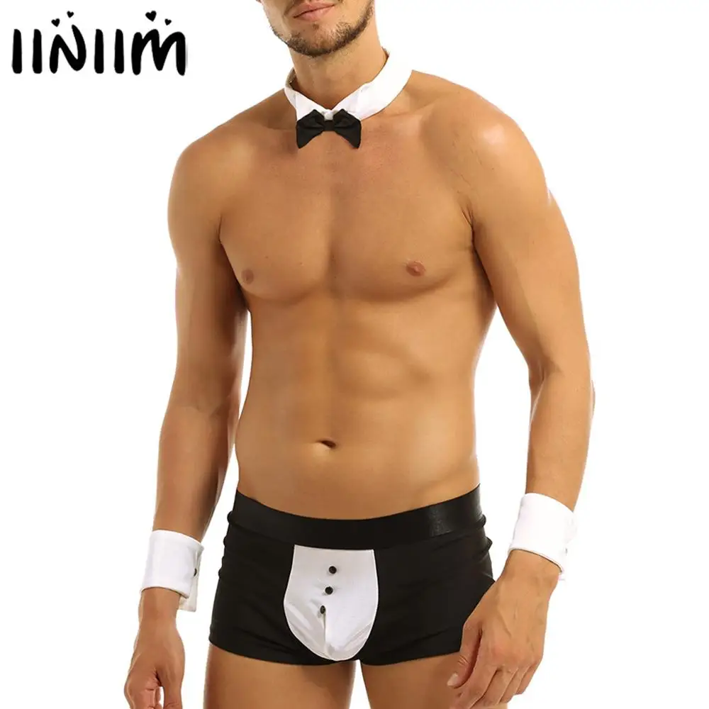 Гей Мужские официанта смокинг белье костюм Экзотические костюмы трусы боксеры