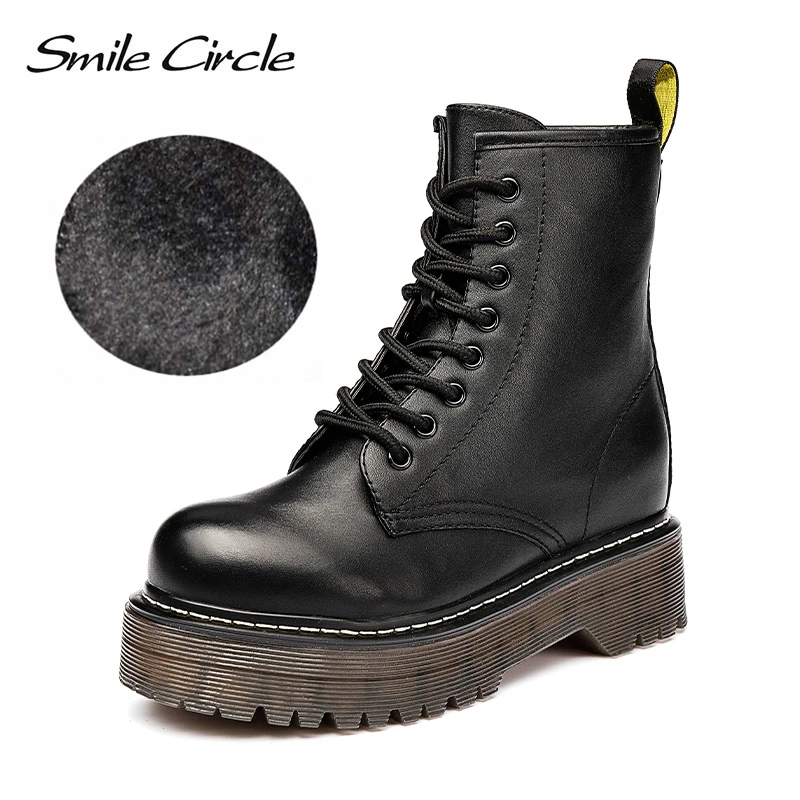 Женские мотоциклетные ботинки со смайликом и круглым Size36-41; сезон осень; коллекция года; модные армейские ботинки с круглым носком на шнуровке; женская обувь - Цвет: Fur PU black